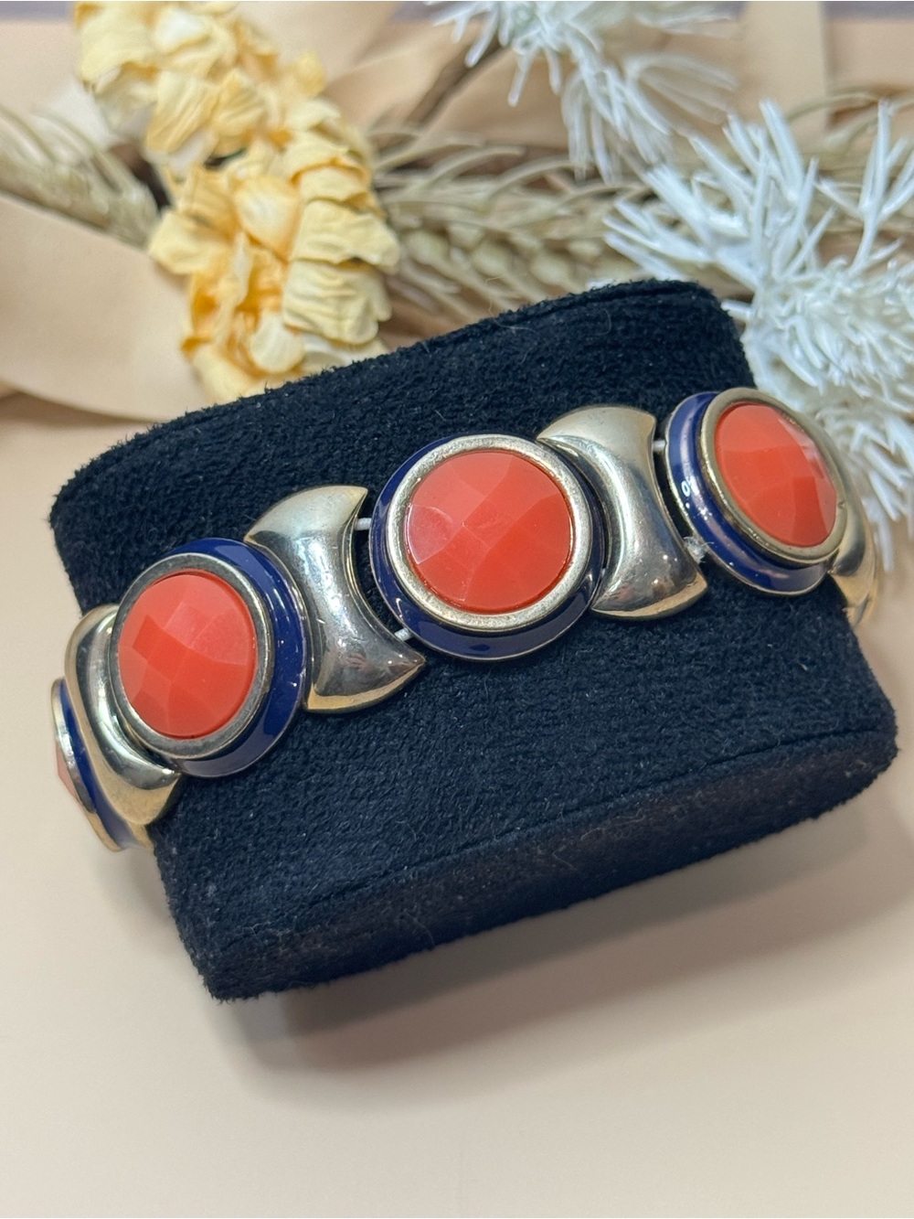 Vintage Coral & Navy Blue Silver Tone Statement Stretch Bracelet